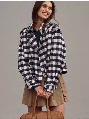 Maeve Navy and White Check Trench Coat